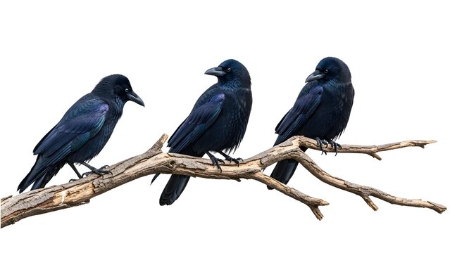 Three black crows perched on a weathered branch against a white background