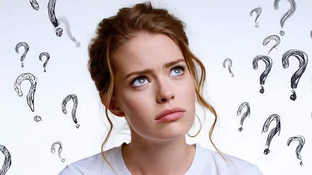 Thoughtful young woman surrounded by question marks, pondering life's uncertainties