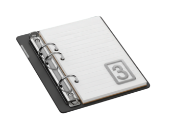 A blank white page with a number 3 embossed in the corner, isolated on a transparent background, representing a page in a binder or notebook for notes or planning