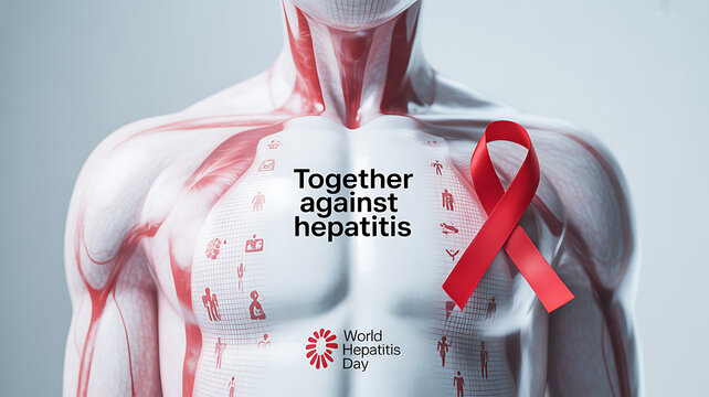 Human anatomical figure with red ribbon and hepatitis awareness message for World Hepatitis Day