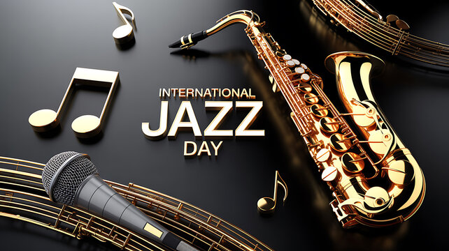 International Jazz Day celebration featuring a saxophone, microphone, and musical notes on a dark background