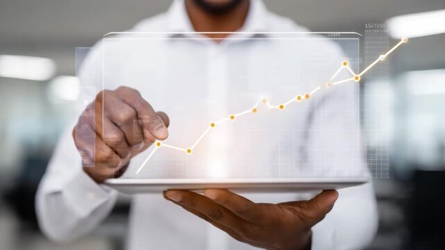 Success in the Modern World: A focused individual, using digital tools, meticulously reviews financial progress, emphasizing the significance of data-driven decisions in today's business environment.