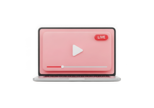 3d icon of pink laptop displaying a live video stream isolated on transparent background