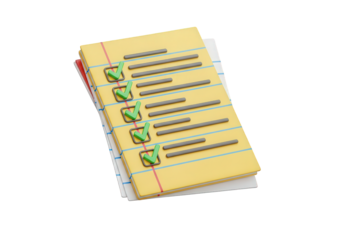 A yellow notepad with a checklist and green checkmarks, isolated on a transparent background, representing task completion and organization