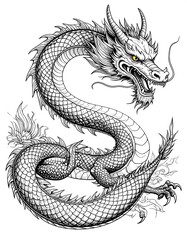 A majestic, stylized dragon in profile view.  Detailed line art depicts scales, horns, and a powerful, S-shaped body.  Powerful, fierce expression