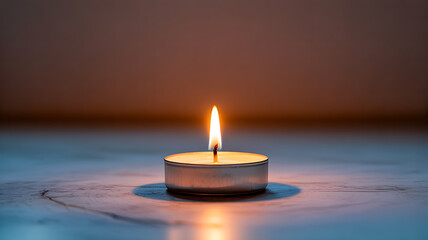 A single lit tea candle glowing softly on a smooth surface in a dimly lit environment