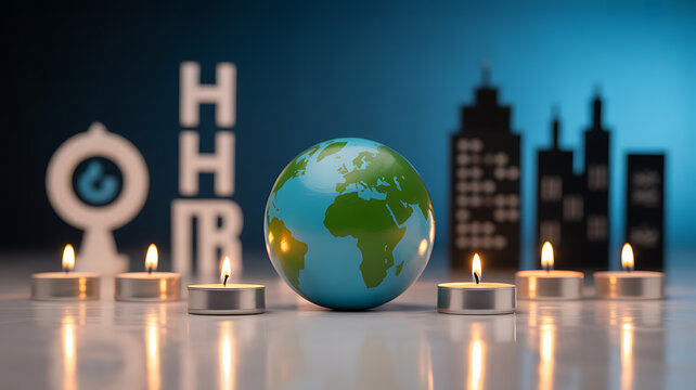 Globe surrounded by lit candles with cityscape and 'HHR' letters in background