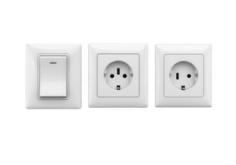 A white light switch and two white electrical outlets, one european type and one american type, isolated on transparent background