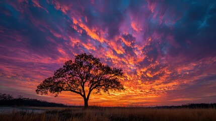 Obraz premium Glowing Tree in Dramatic Sunset Sky. Nature's Radiance, Evening Beauty, Majestic Silhouette.