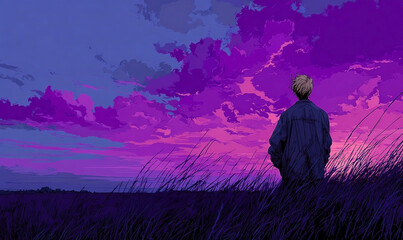Contemplative moment: A person gazing at a vibrant violet and blue sky over a field