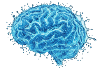 Abstract blue brain made of water splashes and droplets, isolated on transparent background, symbolizing hydration, health, and cognitive function