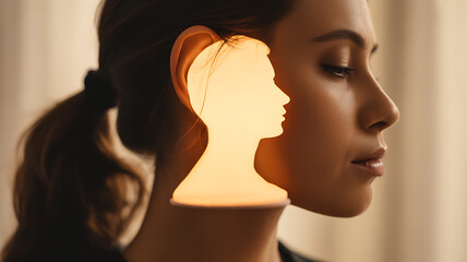 Fototapeta premium Profile of a woman with illuminated silhouette of a face emerging from her ear