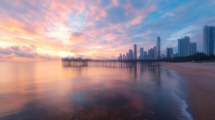 Obraz premium Coastal Dawn Panorama: A serene cityscape with a long pier under a vibrant sky