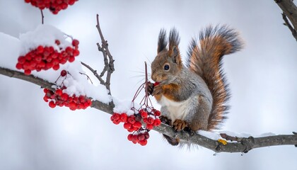 Red squirrel eating berries in snowy winter (1)