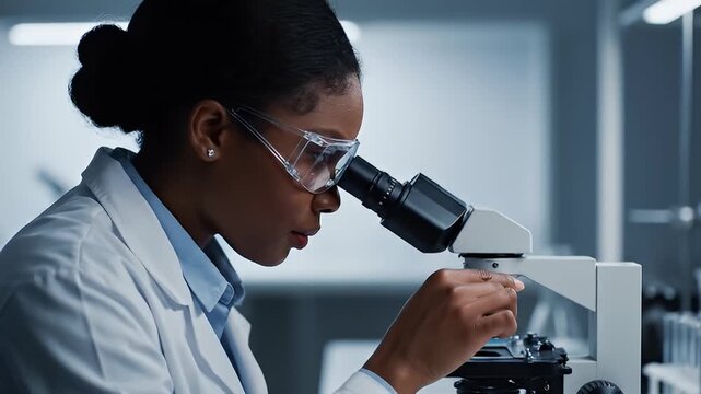 Focused female scientist with dark skin wearing lab coat and safety goggles examines sample under