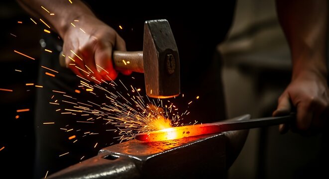 Blacksmith working hot metal with hammer and anvil, sparks flying