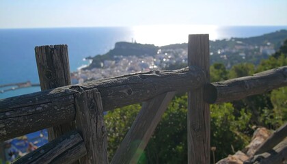Obraz premium Coastal town view through wooden fence