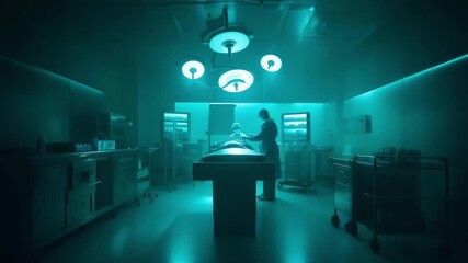 Eerie Operating Room - Doctor Silhouette in Green Light, Medical Mystery Unfolds. - Powered by Adobe