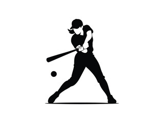 Silhouette of a female baseball player swinging a bat at a ball