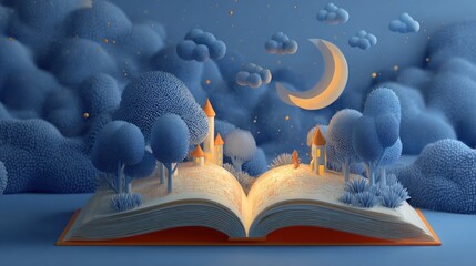 Magical open book ignites a fantasy world with castles and glowing lights under a dreamy night sky.