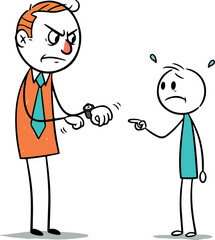 Angry boss scolding employee for being late at work and pointing.