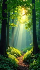 Obraz premium Sunlight streams through the canopy of a lush forest, illuminating vibrant green foliage and dappled shadows on the forest floor A perfect summer day in the woods , woodland, timber