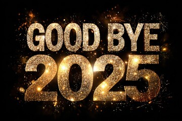 Sparkling golden text announces 'Good Bye 2025' against a dark, celebratory background.