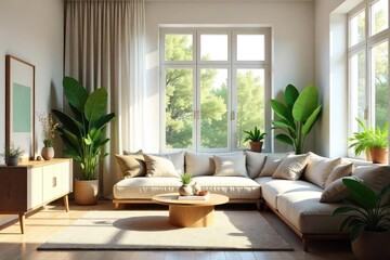 Fototapeta premium Sunlight streams through a window illuminating a minimalist, stylish living space filled with plants and natural textures, creating a serene and beautiful atmosphere , wood, order