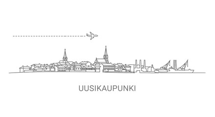 Fototapeta premium Uusikaupunki Finland Skyline and Airplane Line Art