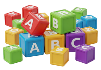 A colorful collection of alphabet blocks, including letters a, b, c, and s, scattered on a transparent background, perfect for early childhood education and learning