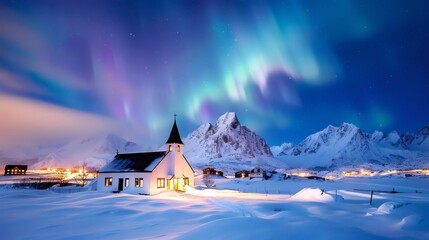 Aurora borealis illuminating snowy church and mountains in Lofoten Islands, Norway