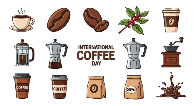 International Coffee Day Illustration Featuring Coffee Beans and Brewing Devices - Powered by Adobe