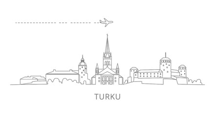 Turku Finland City Skyline Line Art Airplane Travel