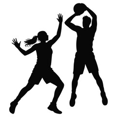 Silhouettes of a man and woman playing basketball