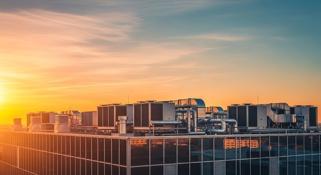Modern rooftop HVAC systems are seen against a vibrant sunset sky, showcasing industrial design and urban architecture.