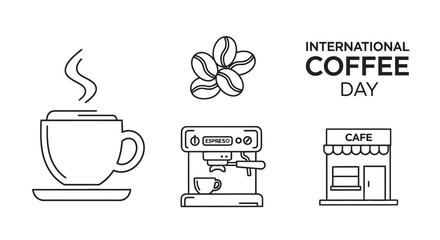 International Coffee Day celebration with coffee cup, beans, and cafe illustration