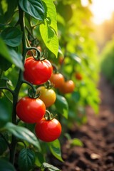 Sun-drenched tomatoes ripening on the vine, alongside basil and oregano, in a lush Italian food plantation A picturesque scene of vibrant, healthy produce ready for harvest , produce, Italian