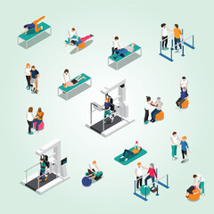 Isometric Illustration of Various Physiotherapy Rehabilitation Exercises and Equipment Scene