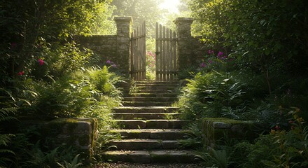 Stone steps leading through lush garden gate