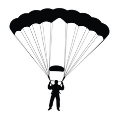 Silhouette of a skydiver descending under a large parachute