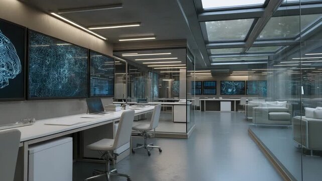 A large open office space with a lot of white furniture and a lot of computer monitors. Futuristic AI lab with glowing neural maps displayed on glass walls, superintelligence clean sci-fi