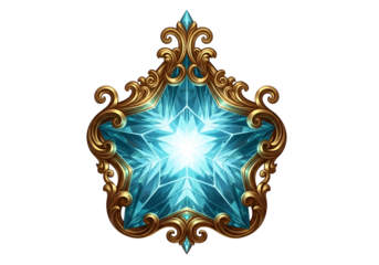 Ornate, gold-framed star-shaped gemstone with a teal-blue interior, set against a black backdrop.