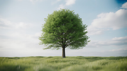 Obraz premium A solitary tree stands in a vast green field under a partly cloudy sky