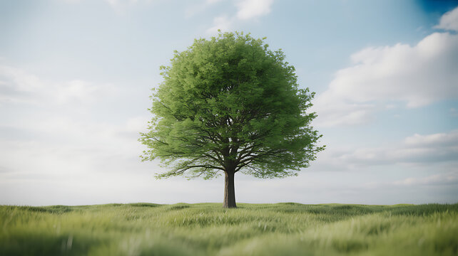 A solitary tree stands in a vast green field under a partly cloudy sky