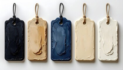 Five tags, each with a painted, textured surface and a hanging loop, are arranged in a row against a bright, neutral background