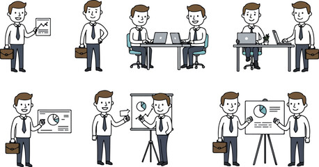 Business professionals in various poses presenting and collaborating on projects.