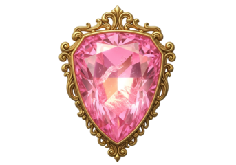 A large, radiant pink gemstone, exquisitely framed in ornate gold filigree, set against a stark black background.