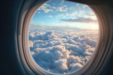 High-altitude view of clouds through an airplane window at sunset