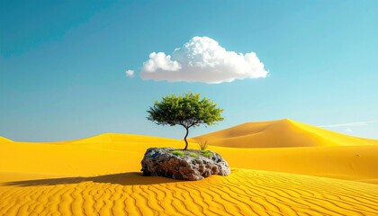 A solitary tree grows on a rock in a rippled desert, with a fluffy white cloud floating above under a bright blue sky