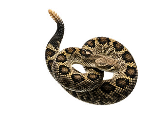 Obraz premium A detailed close-up presentation of a coiled rattlesnake against a stark black background, highlighting its intricate pattern and texture.